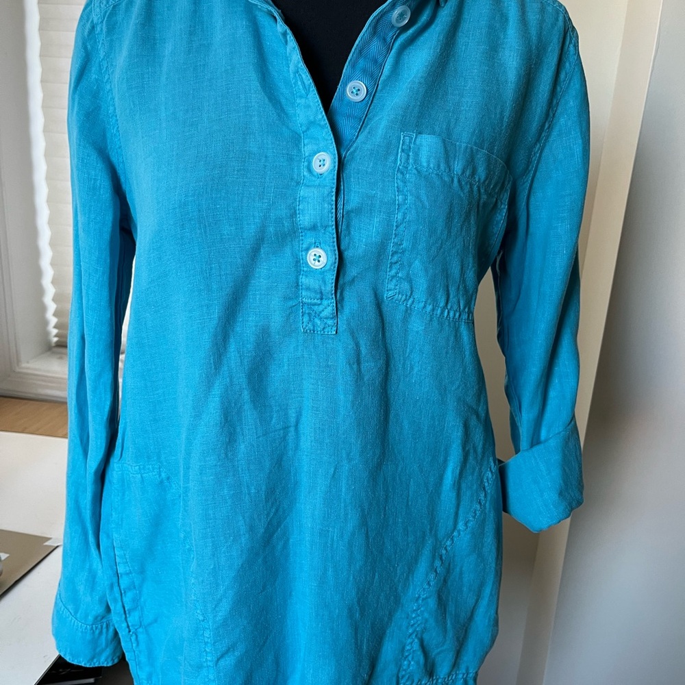 Michael Stars Linen Blue Button Down Shirt 3/4 Sleeve Polo Collar - Picture 2 of 4